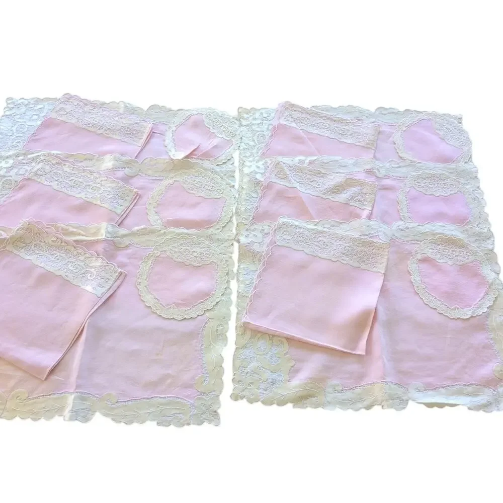 Vintage Pink & Ecru Hostess Set: Placemats, Napkins, Coasters, 6 sets, 18 pieces